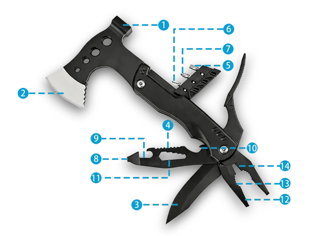 MS019-3 14-in-1 Tactical Survival Multi-tool Axe, 3Cr13 Stainless Steel Hatchet with Integrated Pliers, Black Oxidized Hammer, Saw, and CRV Bits 43 MS019-3 14-in-1 Tactical Survival Multi-Tool Axe Wholesale
