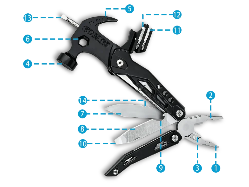 MQ-042 14-in-1 Tactical Multi-tool Claw Hammer, 3Cr13 Stainless Steel Components with Integrated Pliers, Nail Claw, and CRV Bits, Black Oxidized Professional Finish 43 MQ-042 14-in-1 Tactical Multi-Tool Claw Hammer White Wholesale