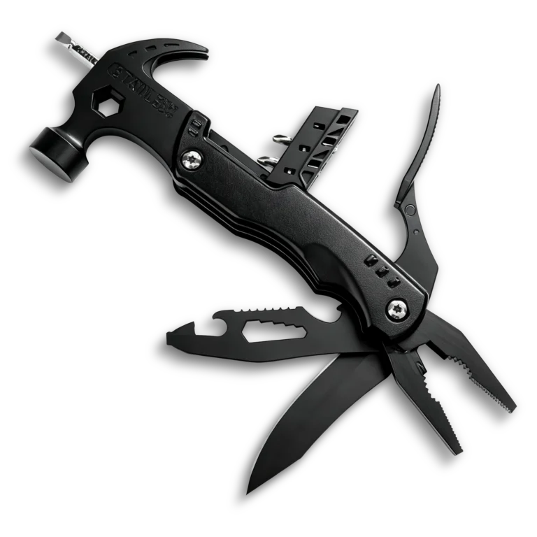 MS017-3S tactical 15-in-1 multi-tool claw hammer with integrated pliers, 3Cr13 stainless steel components, 5-size hexagon wrench, and CRV bits in a professional black oxidized finish.