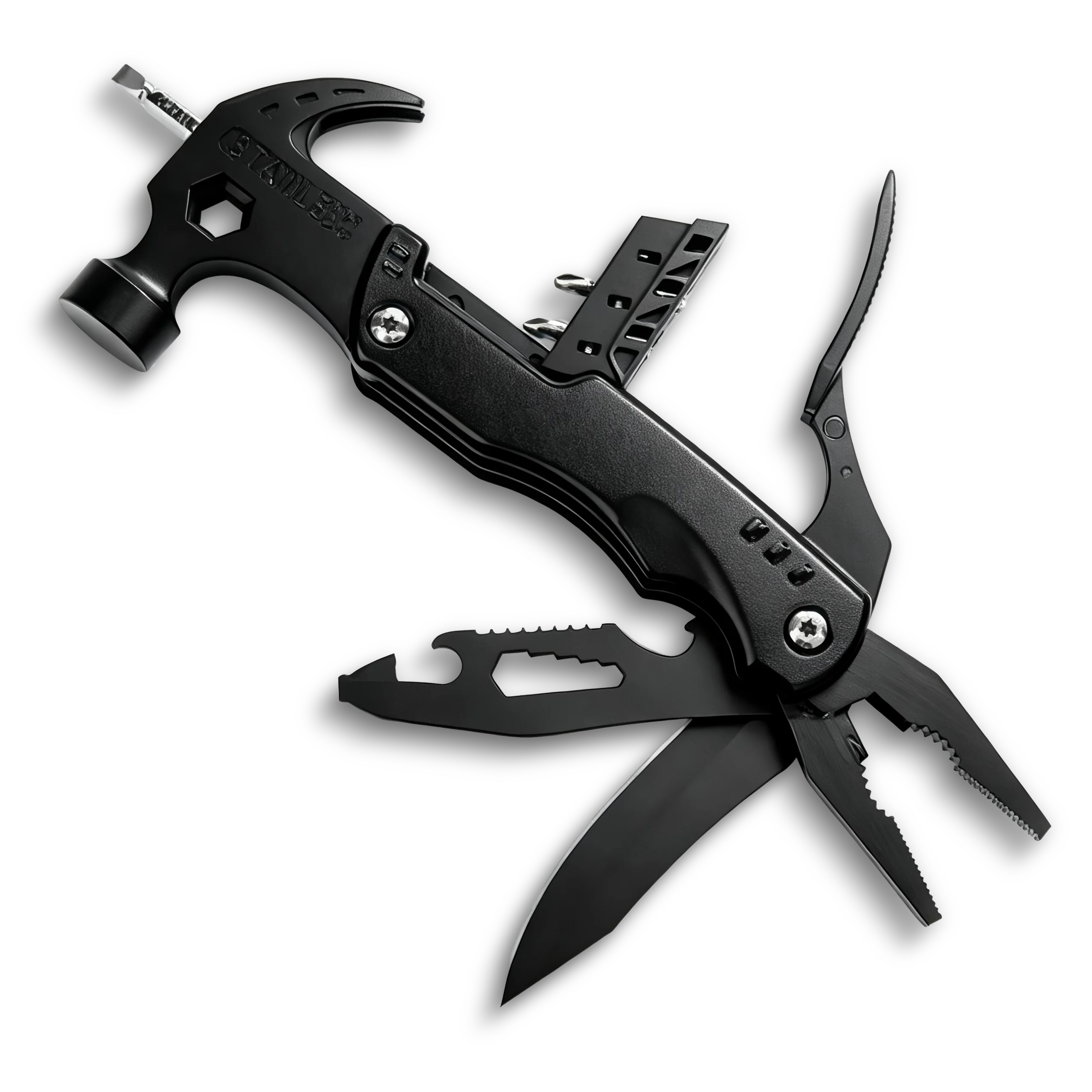 MS017-3S tactical 15-in-1 multi-tool claw hammer with integrated pliers, 3Cr13 stainless steel components, 5-size hexagon wrench, and CRV bits in a professional black oxidized finish.