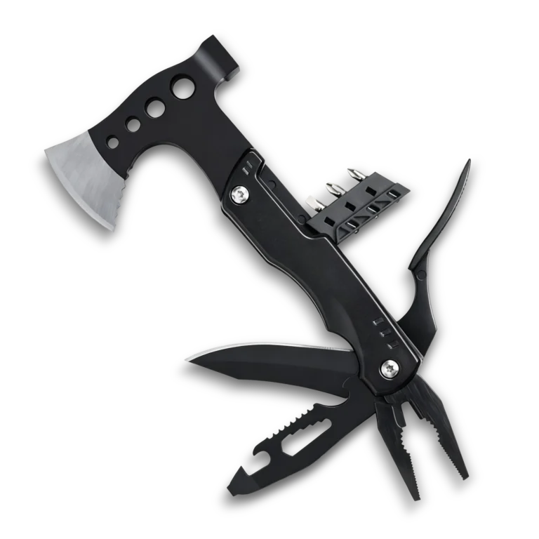 MS019-3 professional 14-in-1 multi-tool axe and hammer, tactical survival tool with integrated pliers system, saw, and stainless steel head.