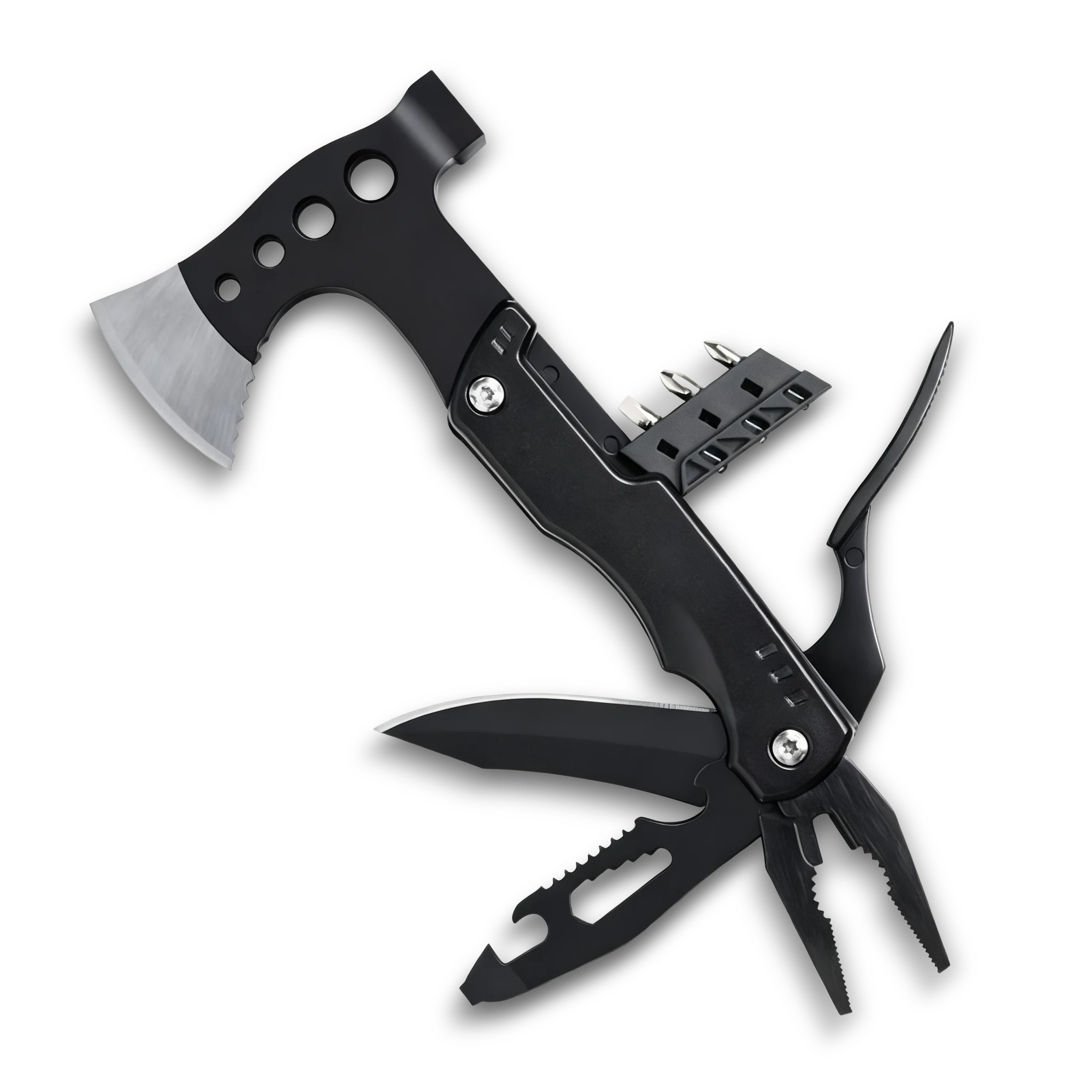 MS019-3 professional 14-in-1 multi-tool axe and hammer, tactical survival tool with integrated pliers system, saw, and stainless steel head.