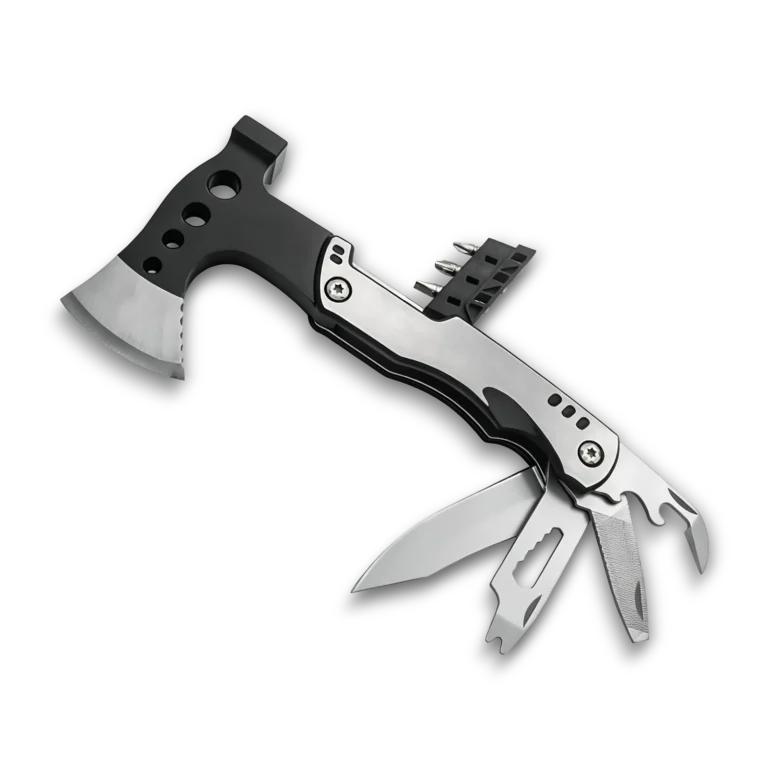 MS019 tactical 12-in-1 multi-tool axe and hammer, stainless steel survival gear with wood saw, knife, and professional black anodized aluminum handle.