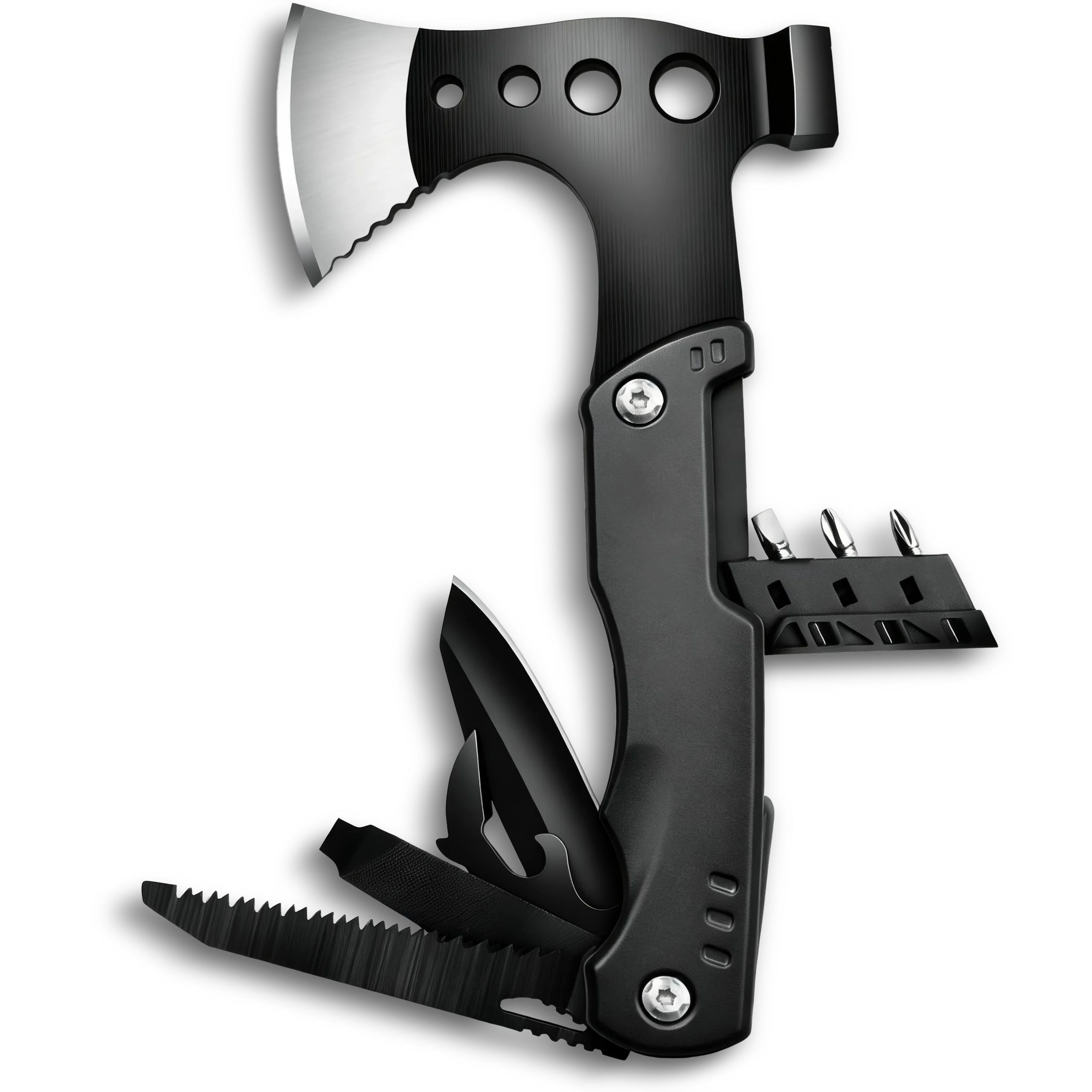 MS019-4 compact 10-in-1 tactical multi-tool axe and hammer, stainless steel survival tool with essential knife, saw, and screwdriver components.