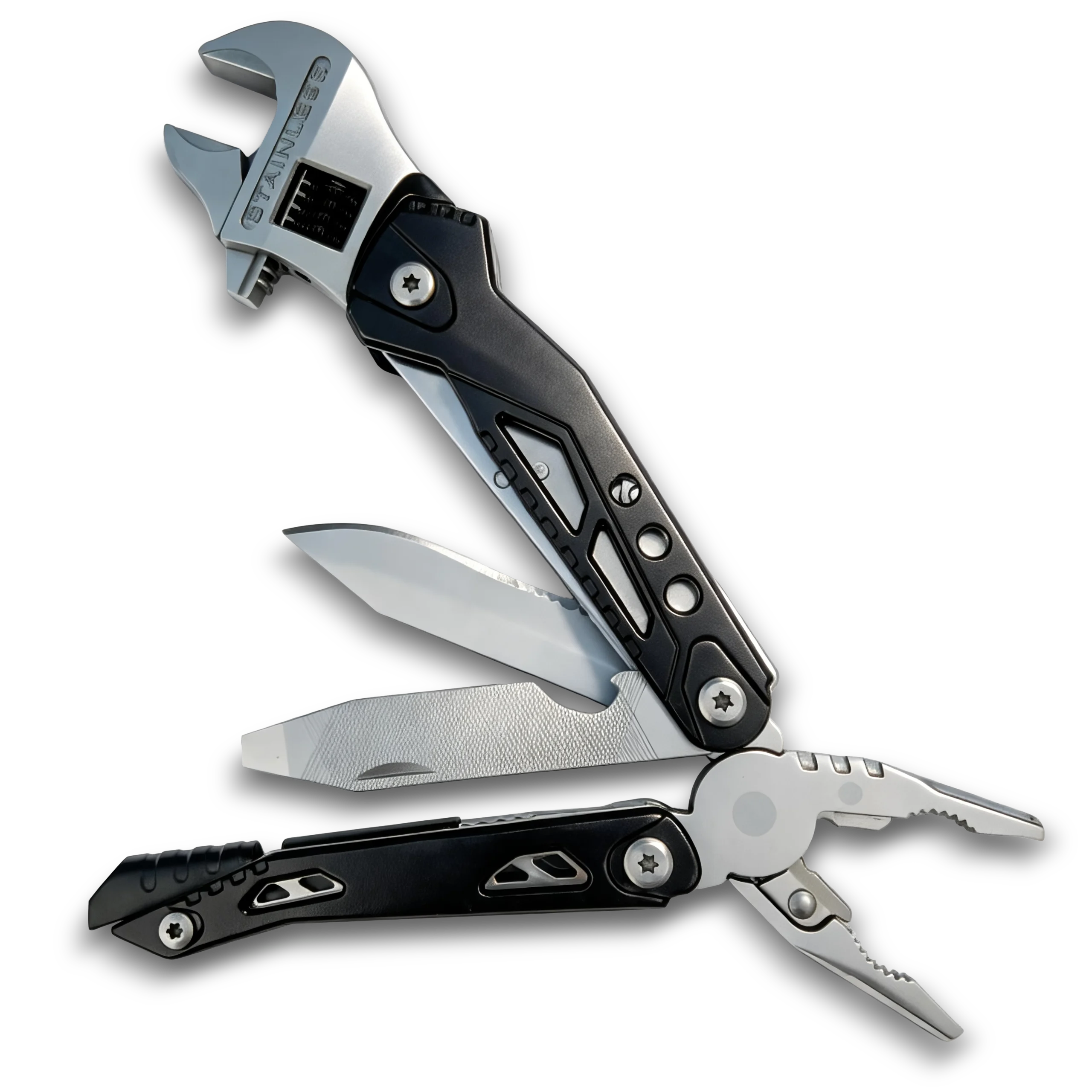 MQ-044 tactical 13-in-1 survival adjustable wrench, 6-inch heavy-duty wrench with integrated pliers, fire starter, whistle, and CRV precision bits, black oxidized finish.