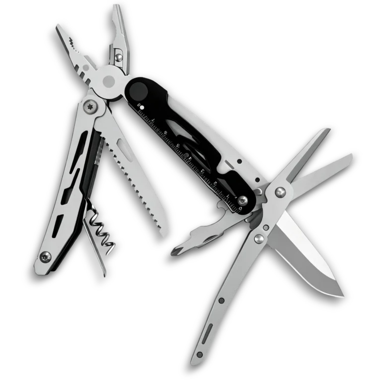 MQ039 tactical 11-in-1 multi-tool pliers with specialized corkscrew, double-teeth wood saw, and 2Cr13 stainless steel components, black anodized aluminum handle.