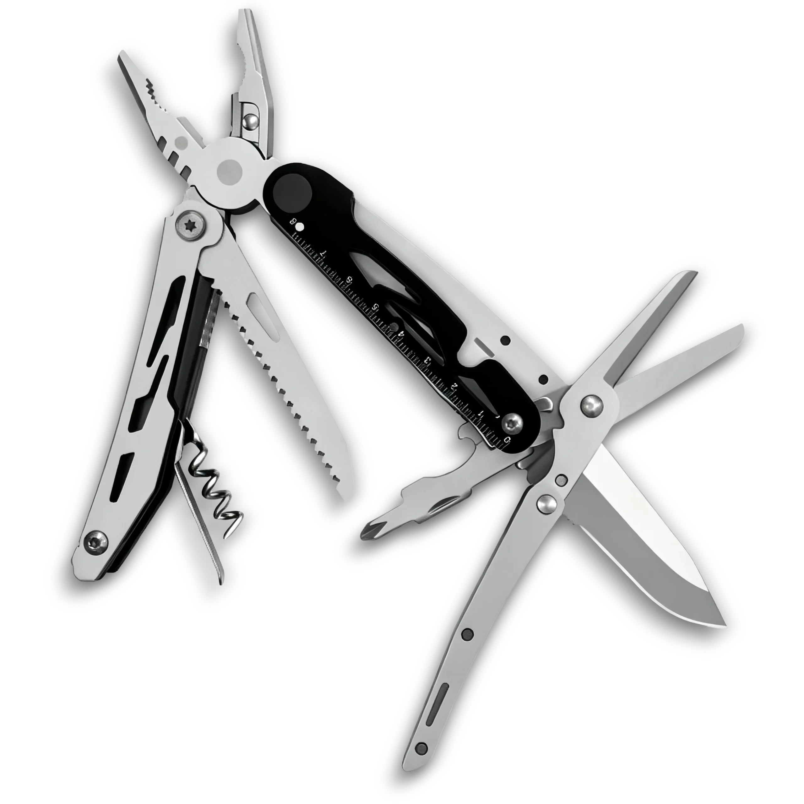 MQ039 tactical 11-in-1 multi-tool pliers with specialized corkscrew, double-teeth wood saw, and 2Cr13 stainless steel components, black anodized aluminum handle.