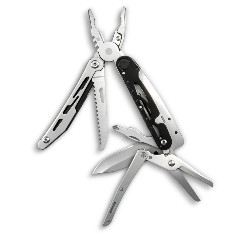 MQ-038 outdoor survival 12-in-1 multi-tool pliers with integrated fire starter, emergency whistle, and double-teeth wood saw, black anodized aluminum handle.