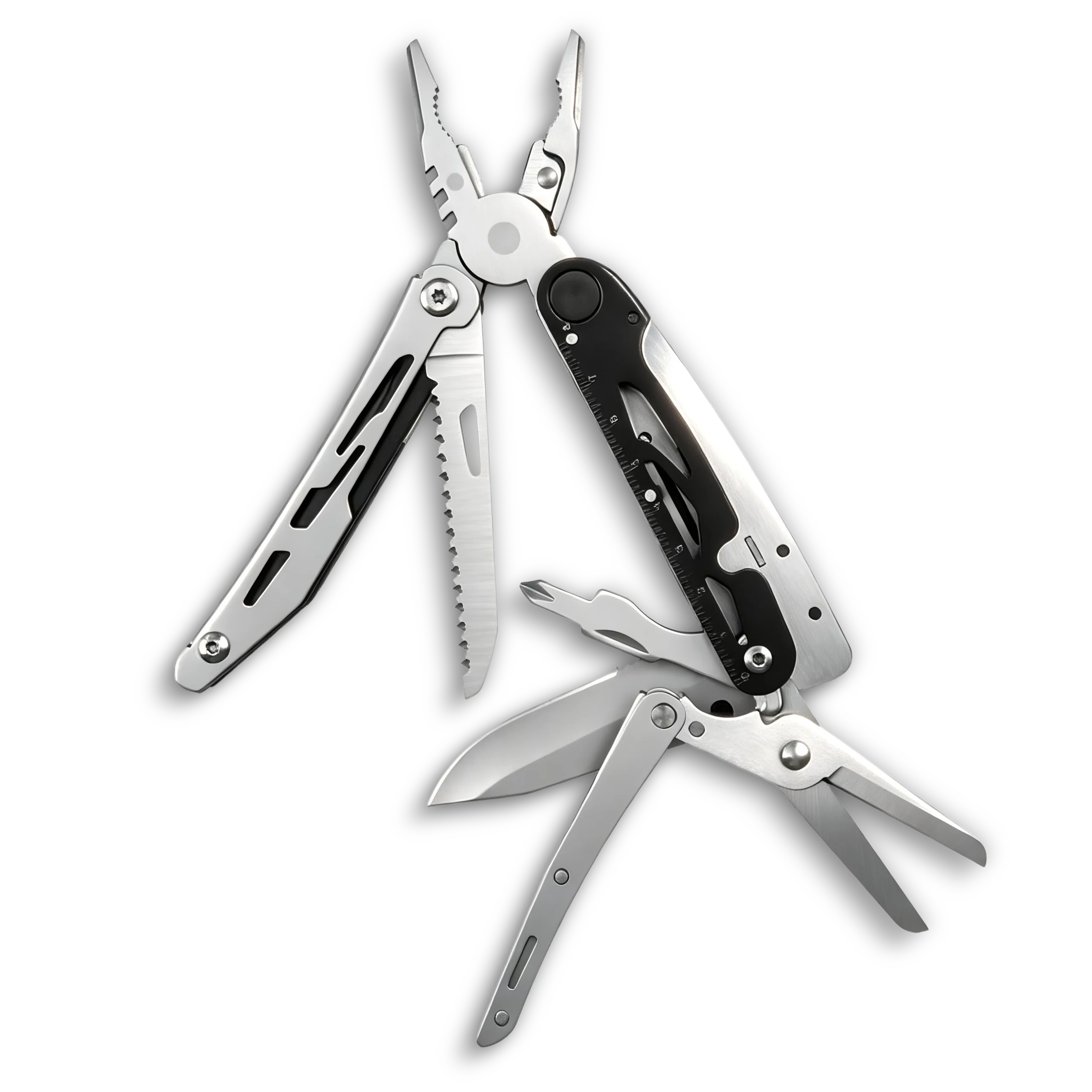 MQ-038 outdoor survival 12-in-1 multi-tool pliers with integrated fire starter, emergency whistle, and double-teeth wood saw, black anodized aluminum handle.