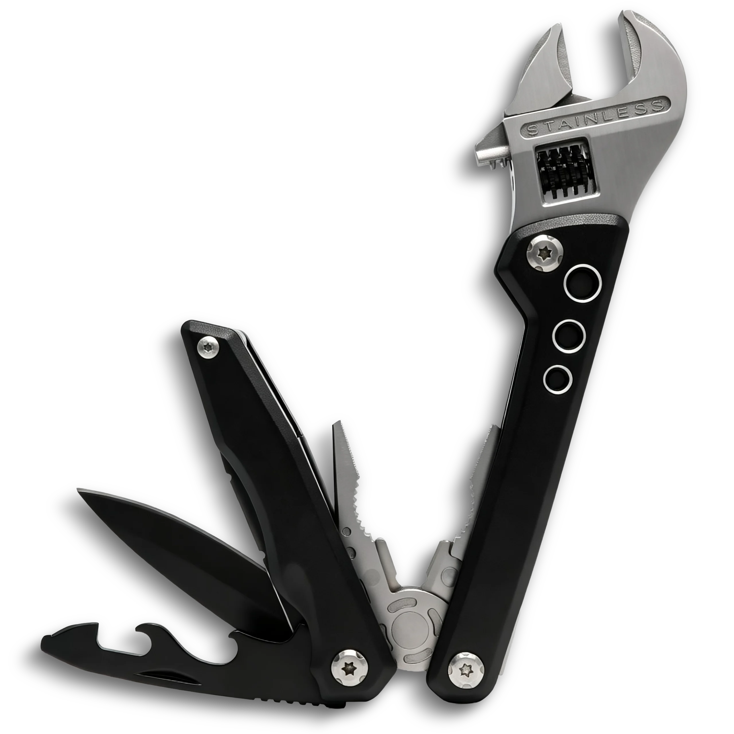 MQ-024 professional 10-in-1 multi-tool adjustable wrench, 6-inch heavy-duty wrench with integrated pliers, wood saw, and CRV Phillips bits, tactical black handle.
