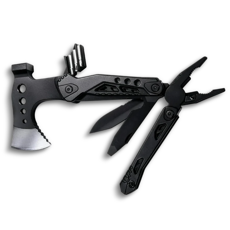 MQ048F tactical 15-in-1 multi-tool axe and hammer, high-grade 3Cr13 stainless steel survival hatchet with integrated pliers, fire starter, whistle, and premium CRV bits.
