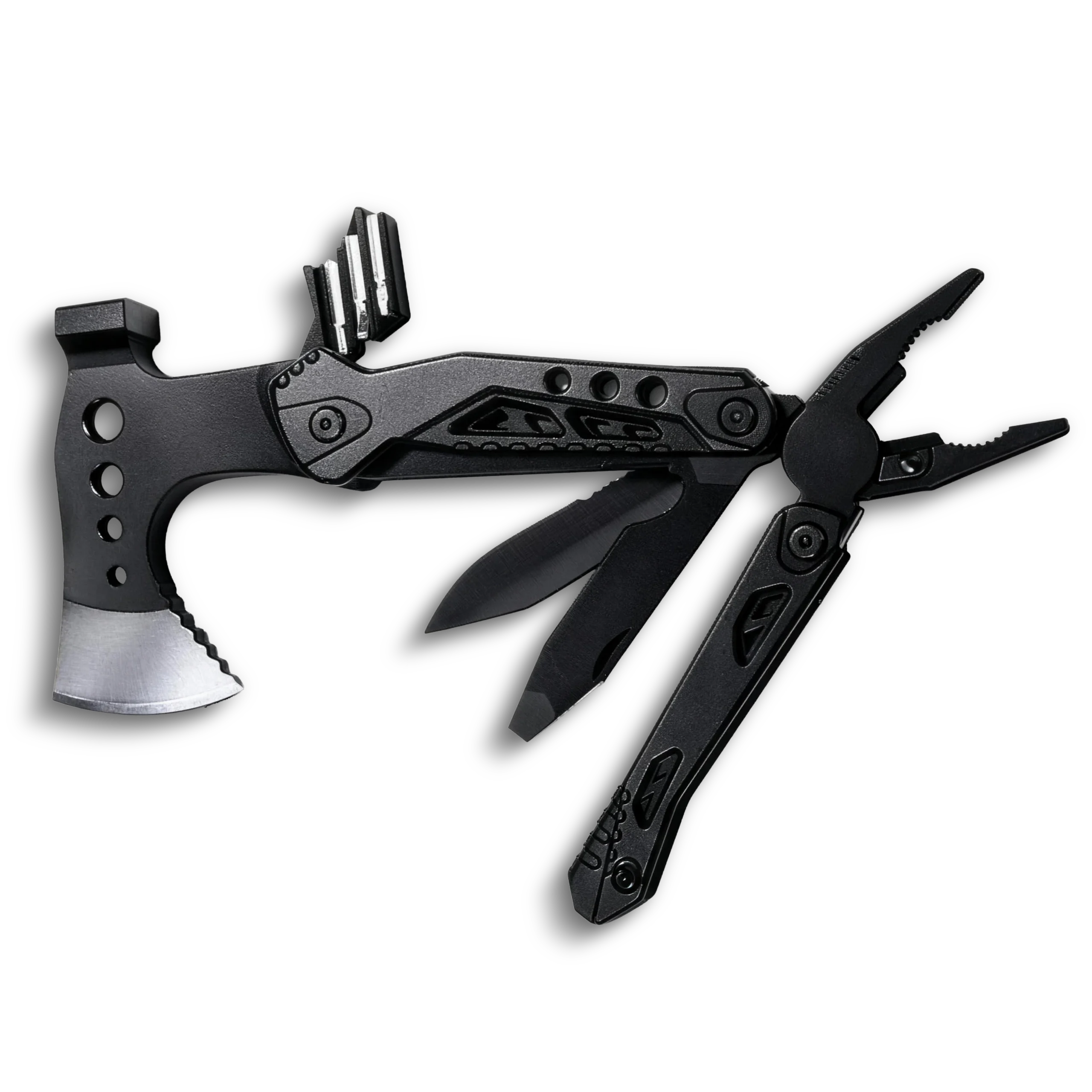 MQ048F tactical 15-in-1 multi-tool axe and hammer, high-grade 3Cr13 stainless steel survival hatchet with integrated pliers, fire starter, whistle, and premium CRV bits.