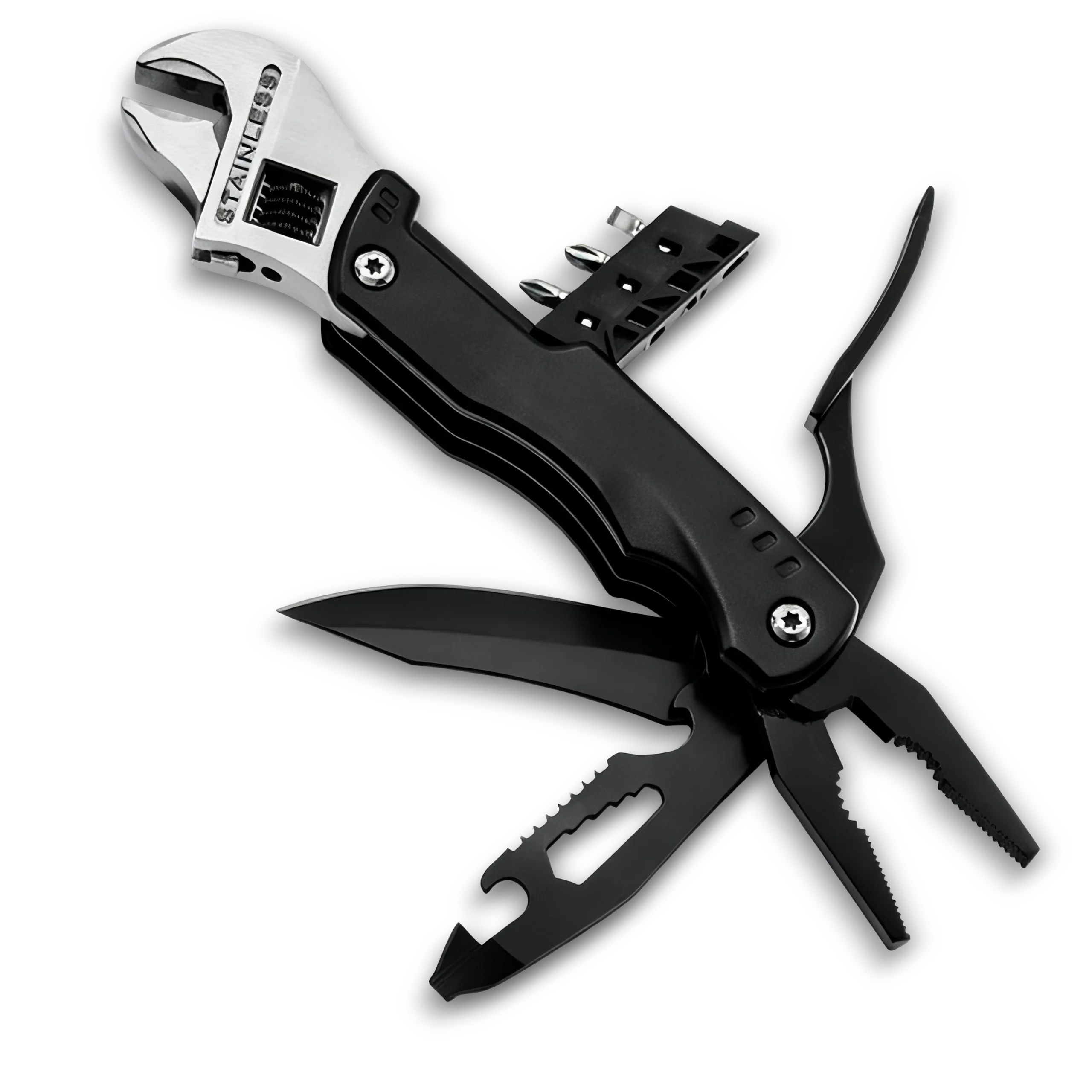 MS014-3 professional 14-in-1 multi-tool adjustable wrench with 6-inch wrench head, 5-size integrated hex keys, 2Cr13 stainless steel pliers, and full CRV bit set.