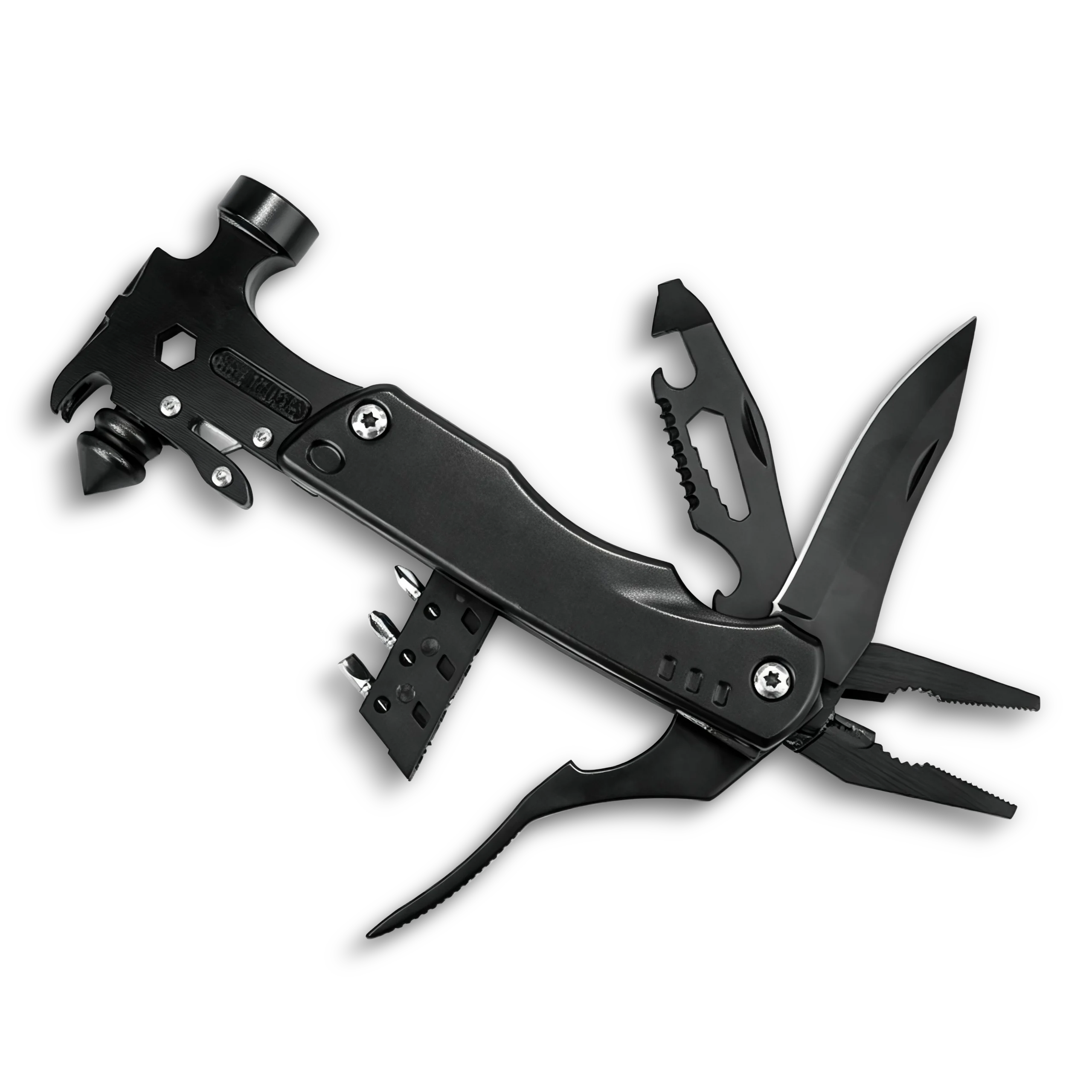 MS-034-3 professional 17-in-1 fire and rescue multi-tool hammer, heavy-duty 3Cr13 stainless steel with integrated glass breaker, seatbelt cutter, and multi-size hex keys, tactical black finish.