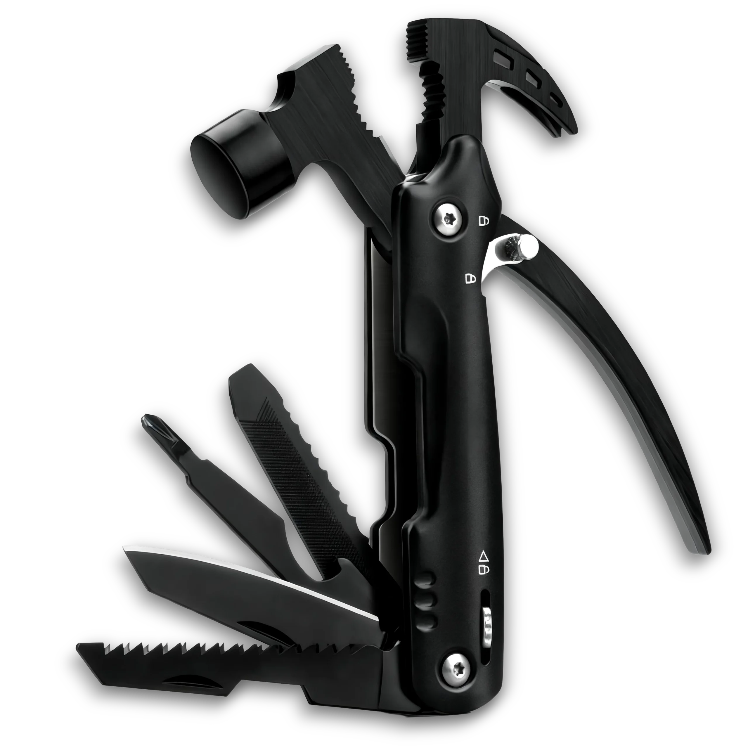 MS-035B compact 13-in-1 tactical multi-tool claw hammer, lightweight 247g stainless steel tool with dual safety locks, double-tooth saw, and black oxidized finish.