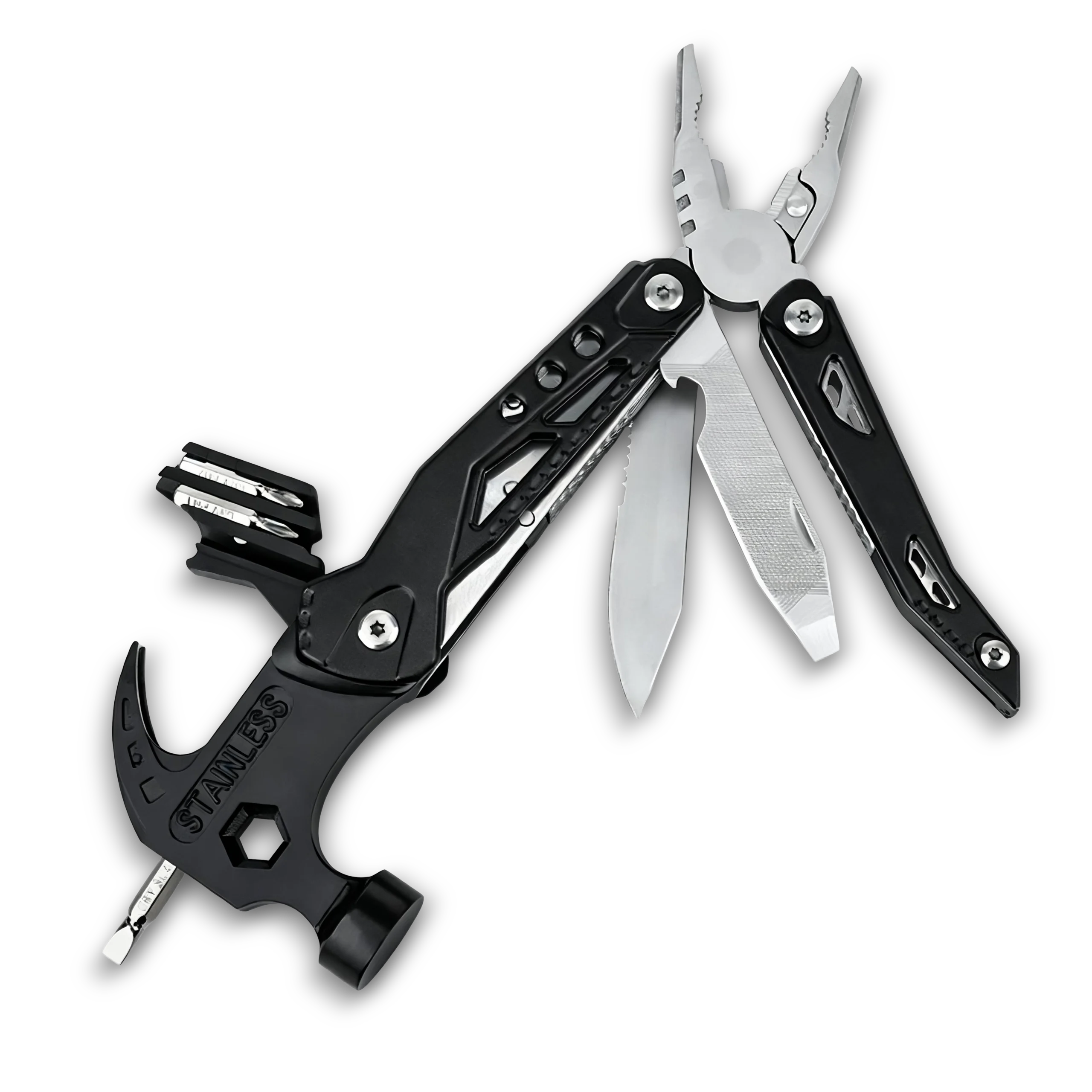 MQ-042 tactical 14-in-1 multi-tool claw hammer with integrated needle-nose pliers, 3Cr13 stainless steel survival tool featuring a precision nail claw and CRV bits, black oxidized finish.