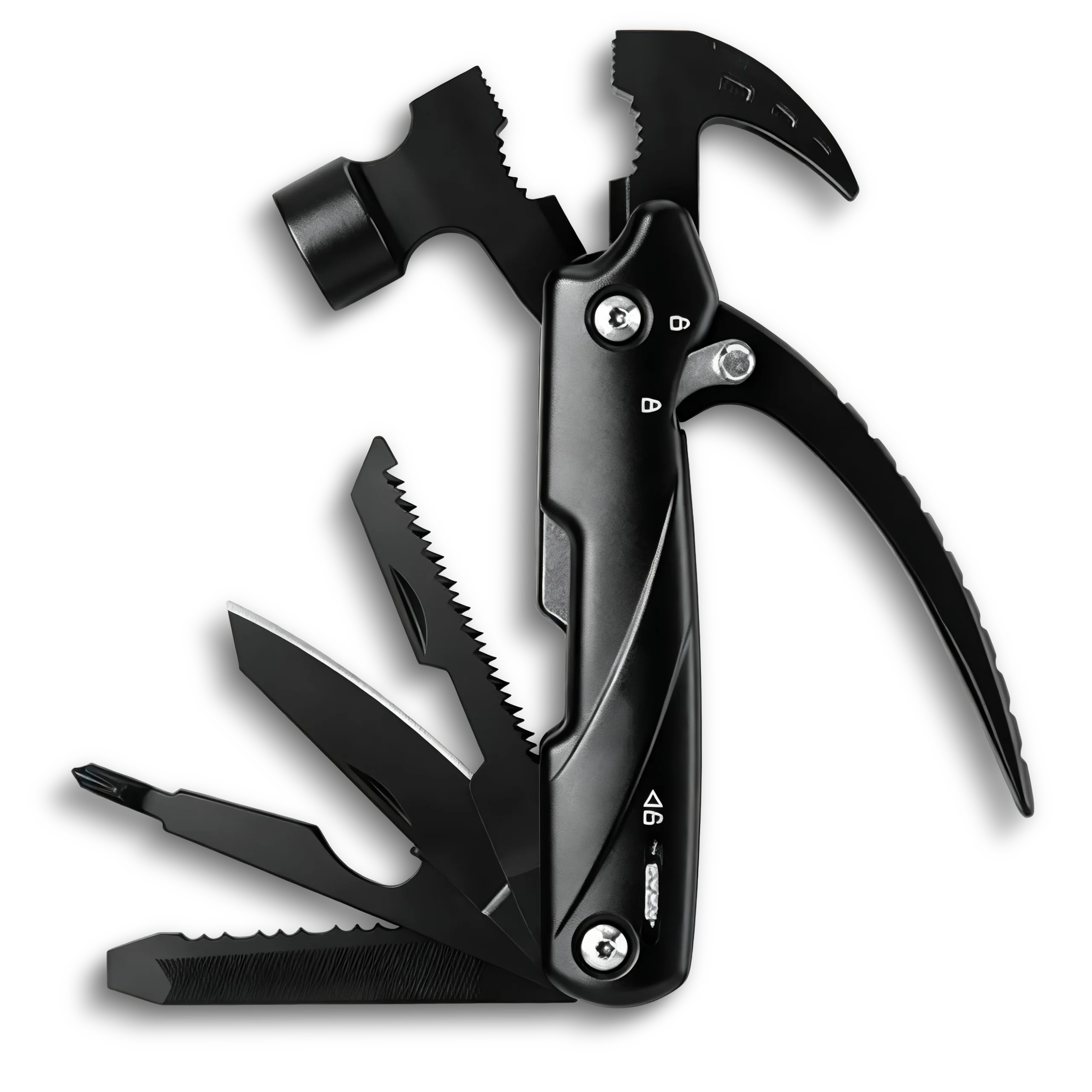 MS-035 professional 13-in-1 tactical multi-tool claw hammer with dual safety locks, 3Cr13 stainless steel components, integrated pliers, and double-tooth saw, black oxidized finish.