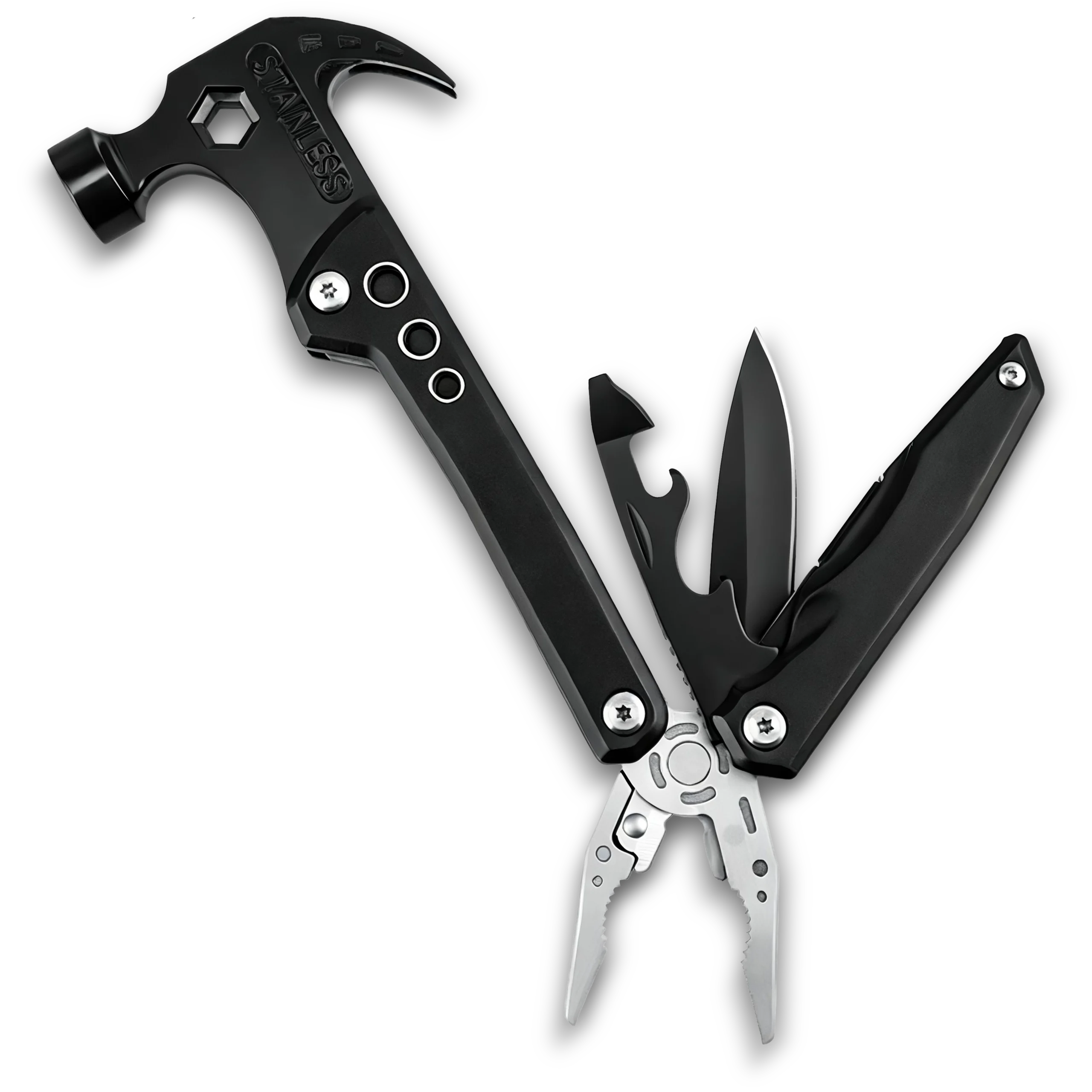 MQ-022 tactical 12-in-1 multi-tool claw hammer, 3Cr13 stainless steel survival tool with heavy-duty pliers, nail claw, and CRV Phillips bits, black oxidized finish.