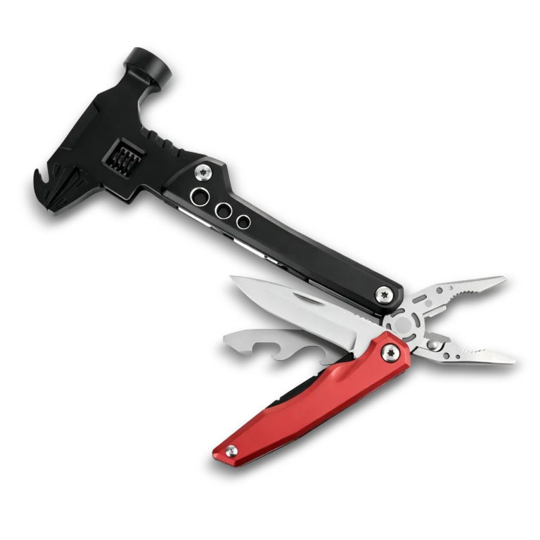 Home 50 MQ-050 professional 12-in-1 tactical multi-tool hammer with integrated wrench, heavy-duty 2Cr13 steel head, and high-visibility red & black aluminum handle.