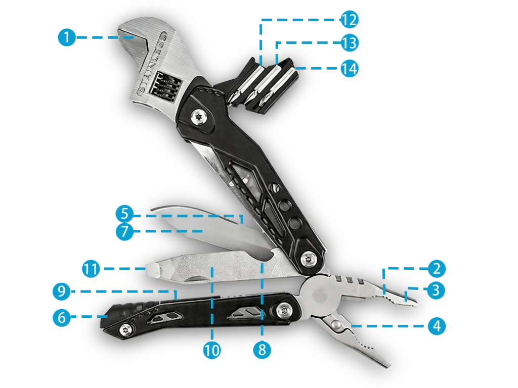 MQ-044 14-in-1 Survival Wrench (6"/20mm) with Integrated Pliers, Fire Starter, Whistle & CRV Bits, Black 43 MQ-044 14-in-1 Survival Wrench with Fire Starter Wholesale