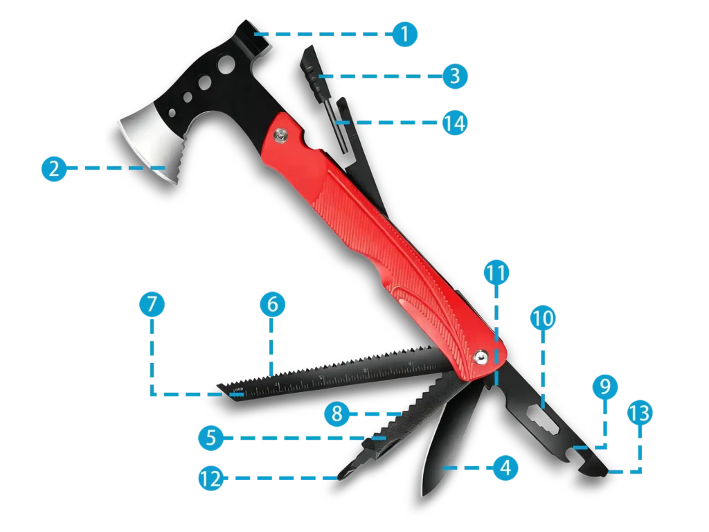 MA-031-5 14-in-1 Survival Axe with Red Handle Wholesale