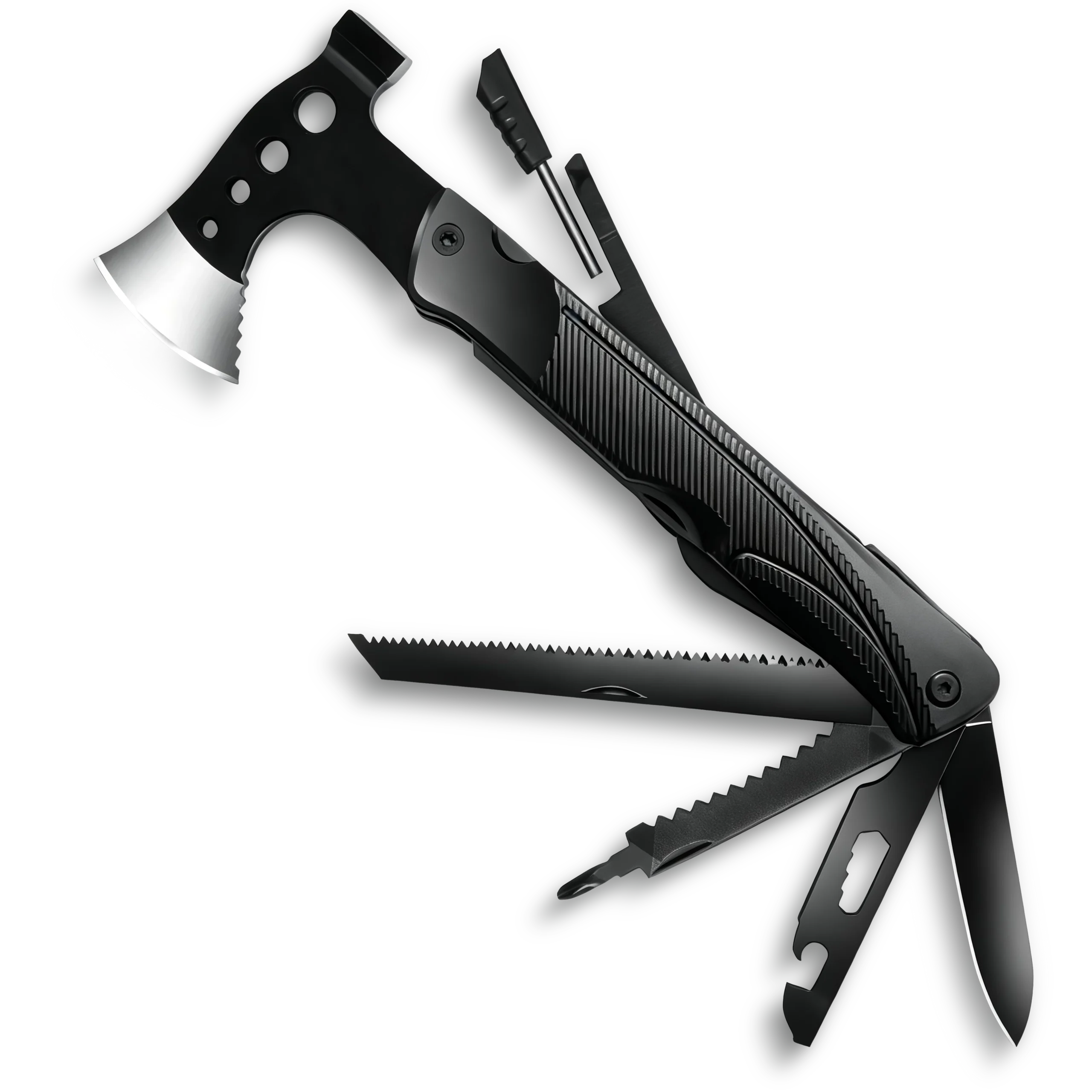 MA031 (Black) 13-in-1 tactical long-handle survival axe, 26cm extended leverage, 3Cr13 stainless steel with fire starter, whistle and fish scaler.