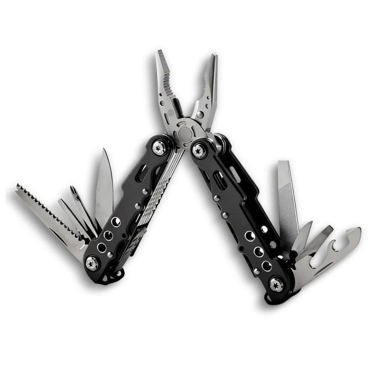 MQ007-8 13-in-1 Tactical Multi-tool Pliers with Black Oxidized Finish and 5Cr15 Stainless Steel Blade for Outdoor Survival.