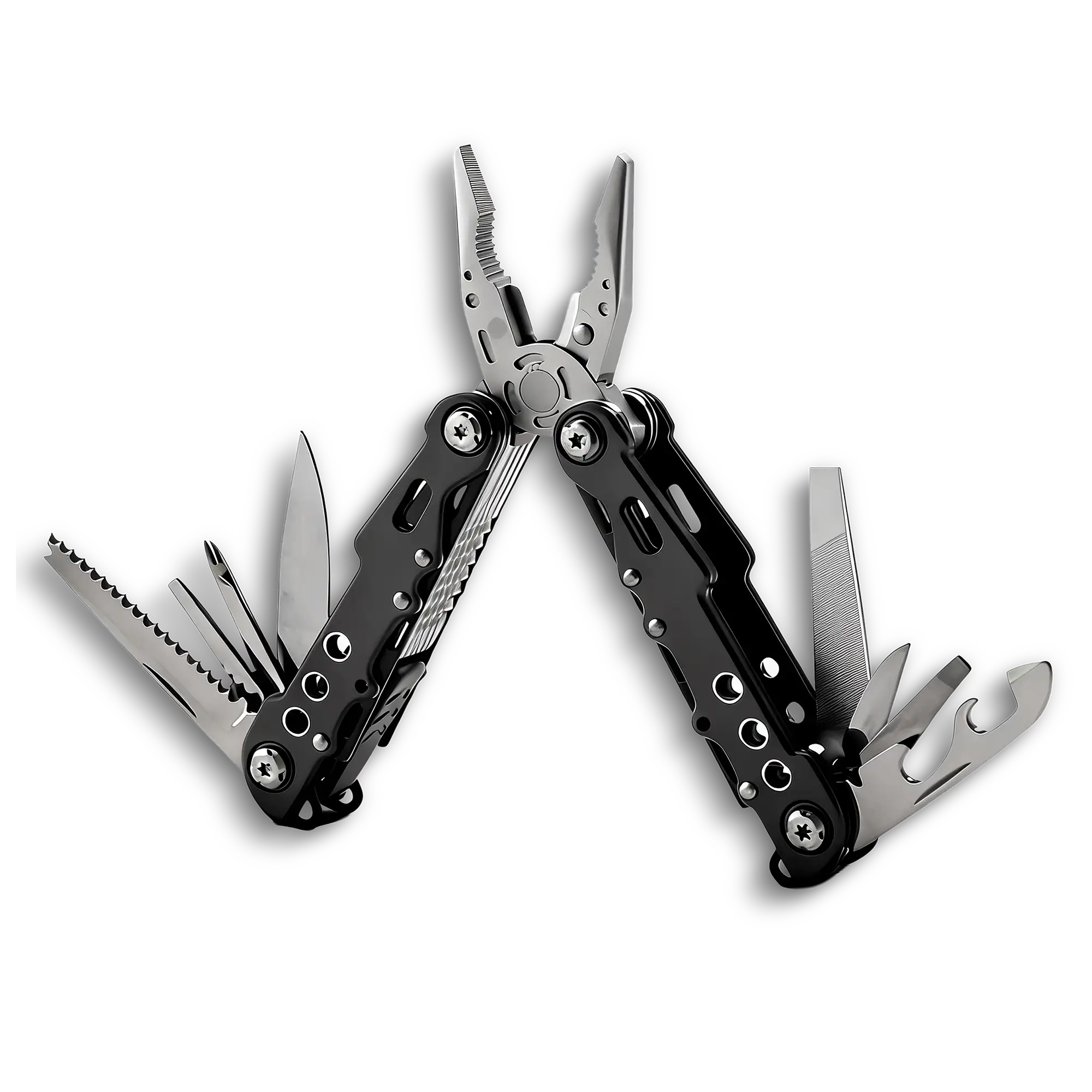 MQ007-8 13-in-1 Tactical Multi-tool Pliers with Black Oxidized Finish and 5Cr15 Stainless Steel Blade for Outdoor Survival.