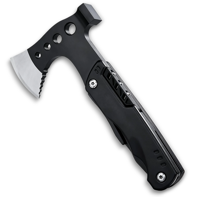 MS019-3 14-in-1 Tactical Survival Multi-tool Axe, 3Cr13 Stainless Steel Hatchet with Integrated Pliers, Black Oxidized Hammer, Saw, and CRV Bits 2 MS019-3 professional 14-in-1 multi-tool axe and hammer, tactical survival tool with integrated pliers system, saw, and stainless steel head.