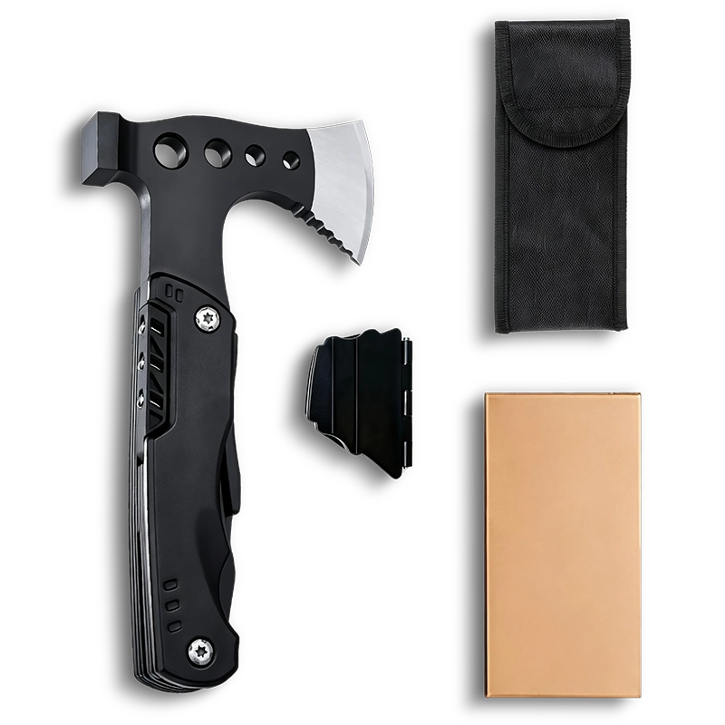 MS019-3 14-in-1 Tactical Survival Multi-tool Axe, 3Cr13 Stainless Steel Hatchet with Integrated Pliers, Black Oxidized Hammer, Saw, and CRV Bits 4 MS019-3 professional 14-in-1 multi-tool axe and hammer, tactical survival tool with integrated pliers system, saw, and stainless steel head.