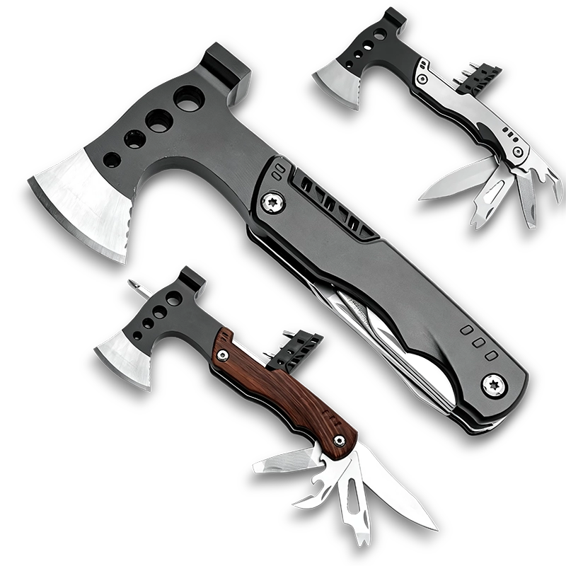 MS019 tactical 12-in-1 multi-tool axe and hammer, stainless steel survival gear with wood saw, knife, and professional black anodized aluminum handle.