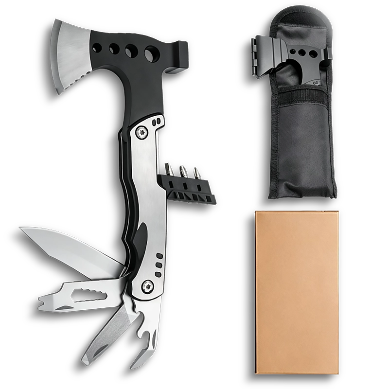 MS019 tactical 12-in-1 multi-tool axe and hammer, stainless steel survival gear with wood saw, knife, and professional black anodized aluminum handle.