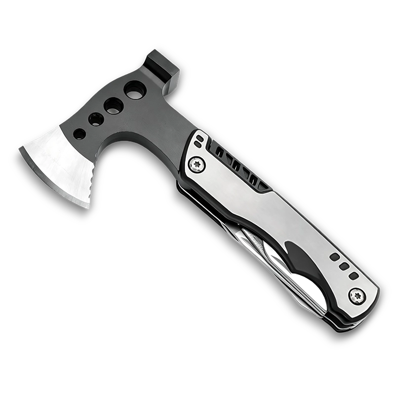 MS019 tactical 12-in-1 multi-tool axe and hammer, stainless steel survival gear with wood saw, knife, and professional black anodized aluminum handle.