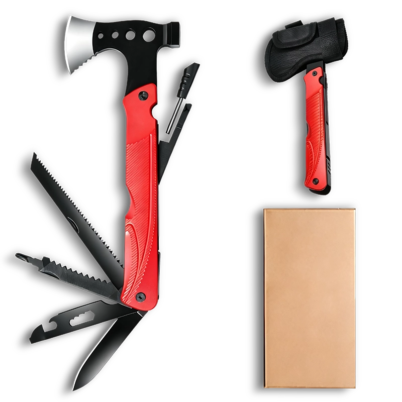 MA031-5 (Red)4-in-1 tactical long-handle survival axe, 26cm extended leverage, 3Cr13 stainless steel with fire starter, whistle and fish scaler.
