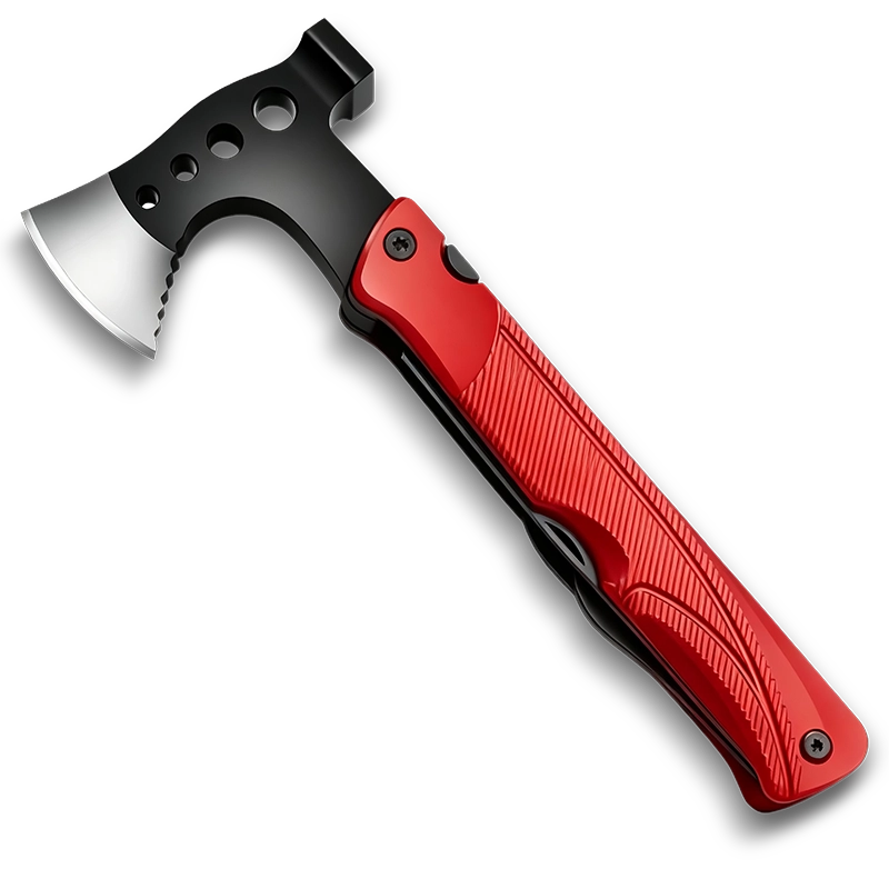 MA031-5 (Red)4-in-1 tactical long-handle survival axe, 26cm extended leverage, 3Cr13 stainless steel with fire starter, whistle and fish scaler.