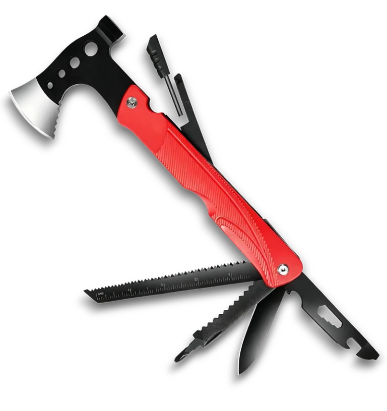 Home 38 MA031-5 (Red)4-in-1 tactical long-handle survival axe, 26cm extended leverage, 3Cr13 stainless steel with fire starter, whistle and fish scaler.