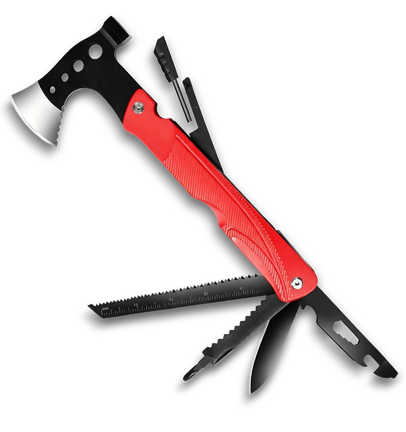 MA031-5 (Red)4-in-1 tactical long-handle survival axe, 26cm extended leverage, 3Cr13 stainless steel with fire starter, whistle and fish scaler.