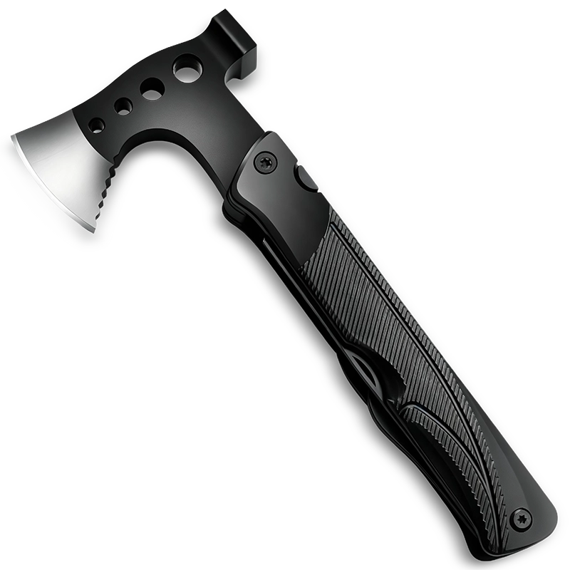 MA031 (Black) 13-in-1 tactical long-handle survival axe, 26cm extended leverage, 3Cr13 stainless steel with fire starter, whistle and fish scaler.