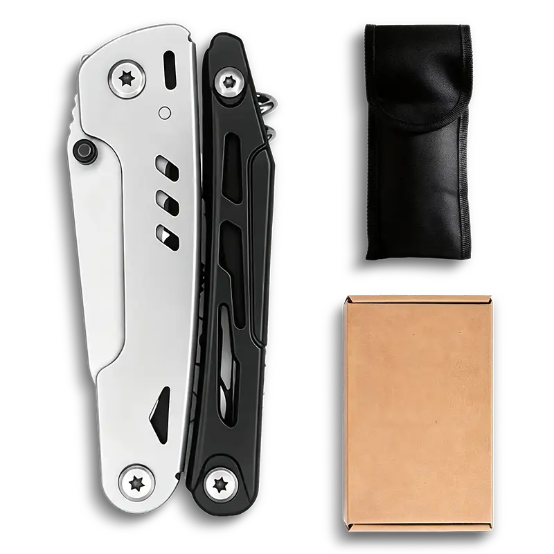 MQ039 tactical 11-in-1 multi-tool pliers with specialized corkscrew, double-teeth wood saw, and 2Cr13 stainless steel components, black anodized aluminum handle.