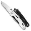MQ039 tactical 11-in-1 multi-tool pliers with specialized corkscrew, double-teeth wood saw, and 2Cr13 stainless steel components, black anodized aluminum handle.