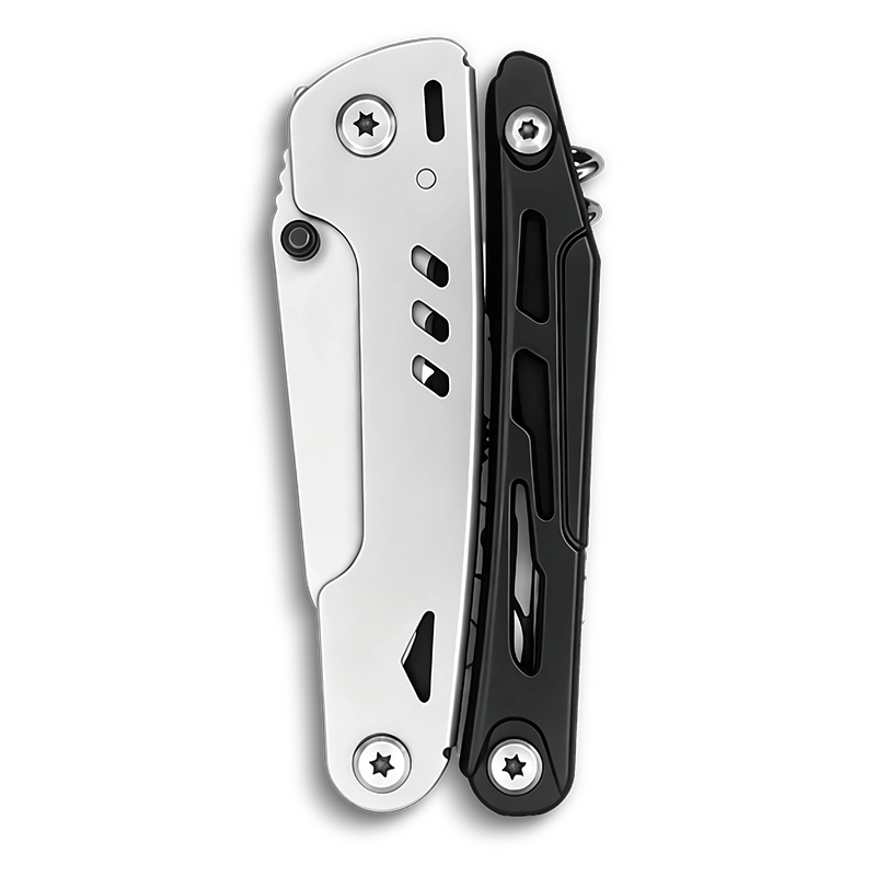MQ039 tactical 11-in-1 multi-tool pliers with specialized corkscrew, double-teeth wood saw, and 2Cr13 stainless steel components, black anodized aluminum handle.