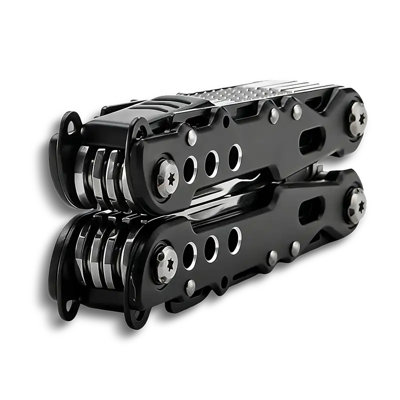 MQ007-8 13-in-1 Tactical Multi-tool Pliers with Black Oxidized Finish and 5Cr15 Stainless Steel Blade for Outdoor Survival.