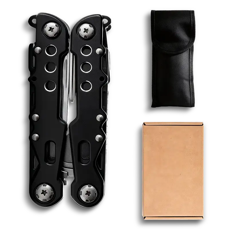 MQ007-8 13-in-1 Tactical Multi-tool Pliers with Black Oxidized Finish and 5Cr15 Stainless Steel Blade for Outdoor Survival.