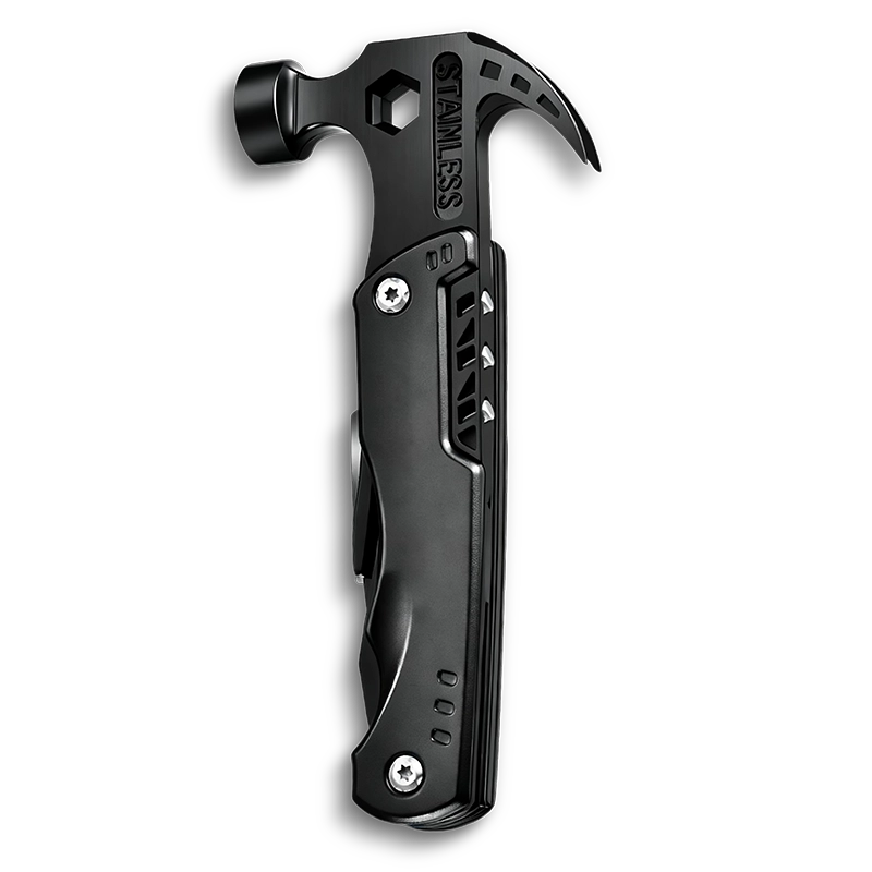 MS017-3S tactical 15-in-1 multi-tool claw hammer with integrated pliers, 3Cr13 stainless steel components, 5-size hexagon wrench, and CRV bits in a professional black oxidized finish.