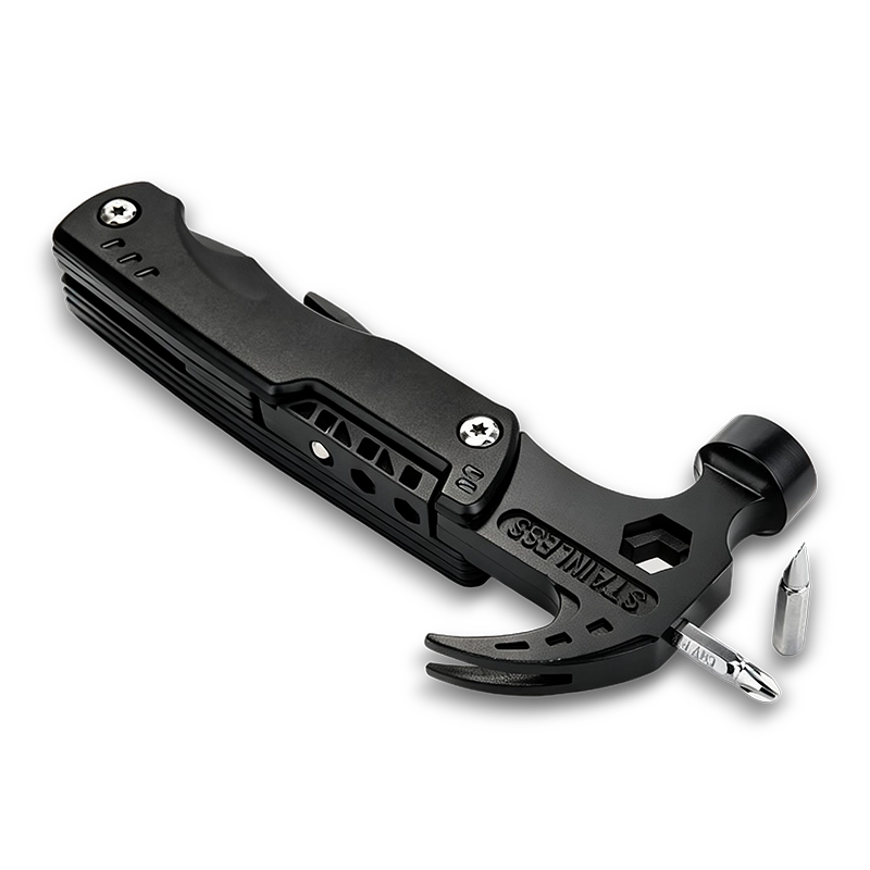 MS017-3S tactical 15-in-1 multi-tool claw hammer with integrated pliers, 3Cr13 stainless steel components, 5-size hexagon wrench, and CRV bits in a professional black oxidized finish.