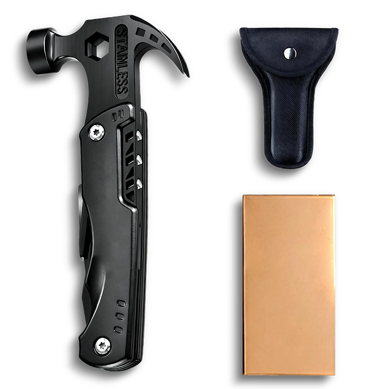 MS017-3S tactical 15-in-1 multi-tool claw hammer with integrated pliers, 3Cr13 stainless steel components, 5-size hexagon wrench, and CRV bits in a professional black oxidized finish.