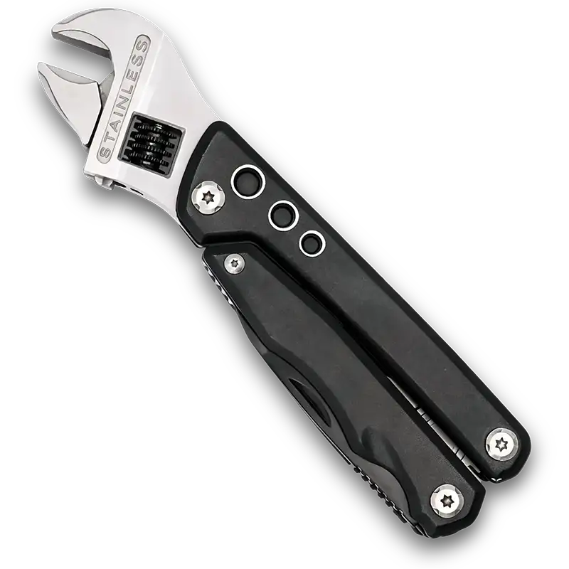 MQ-024 professional 10-in-1 multi-tool adjustable wrench, 6-inch heavy-duty wrench with integrated pliers, wood saw, and CRV Phillips bits, tactical black handle.