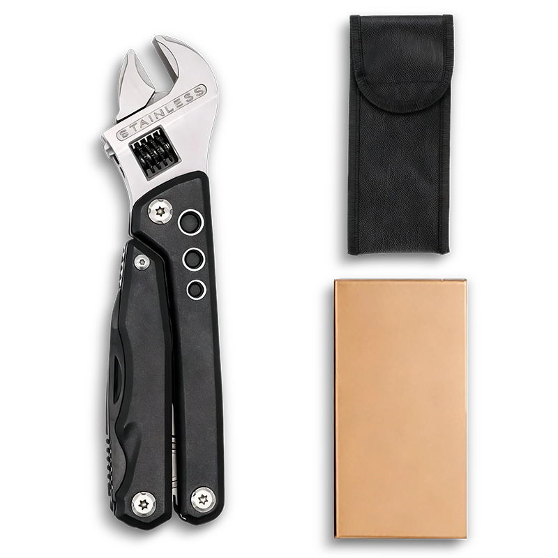 MQ-024 professional 10-in-1 multi-tool adjustable wrench, 6-inch heavy-duty wrench with integrated pliers, wood saw, and CRV Phillips bits, tactical black handle.