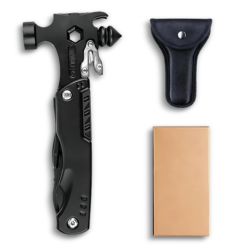 MS-034-3 professional 17-in-1 fire and rescue multi-tool hammer, heavy-duty 3Cr13 stainless steel with integrated glass breaker, seatbelt cutter, and multi-size hex keys, tactical black finish.