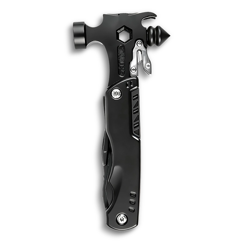 MS-034-3 professional 17-in-1 fire and rescue multi-tool hammer, heavy-duty 3Cr13 stainless steel with integrated glass breaker, seatbelt cutter, and multi-size hex keys, tactical black finish.